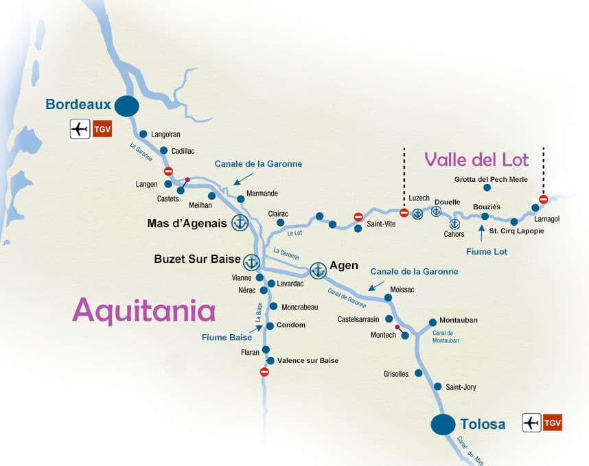 Mappa houseboat Aquitania in Francia