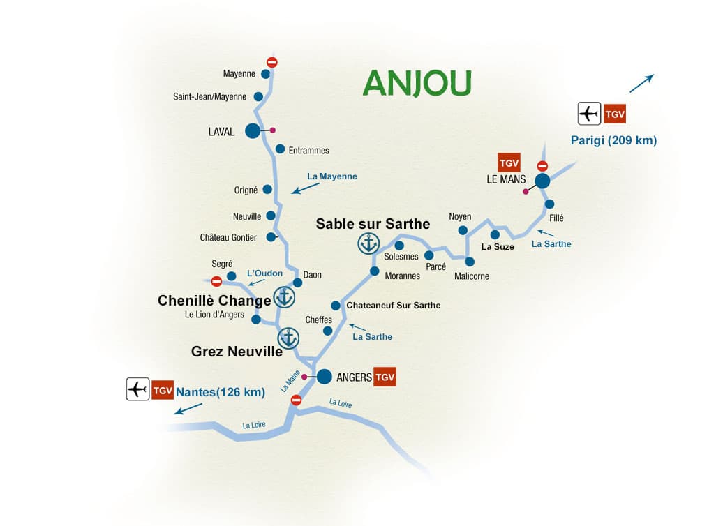 Mappa houseboat Anjou in Francia