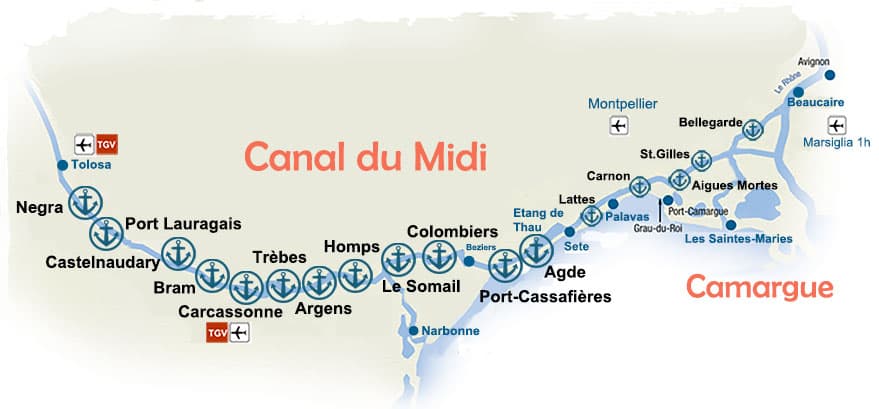 Mappa houseboat Cana du Midi sud della Francia