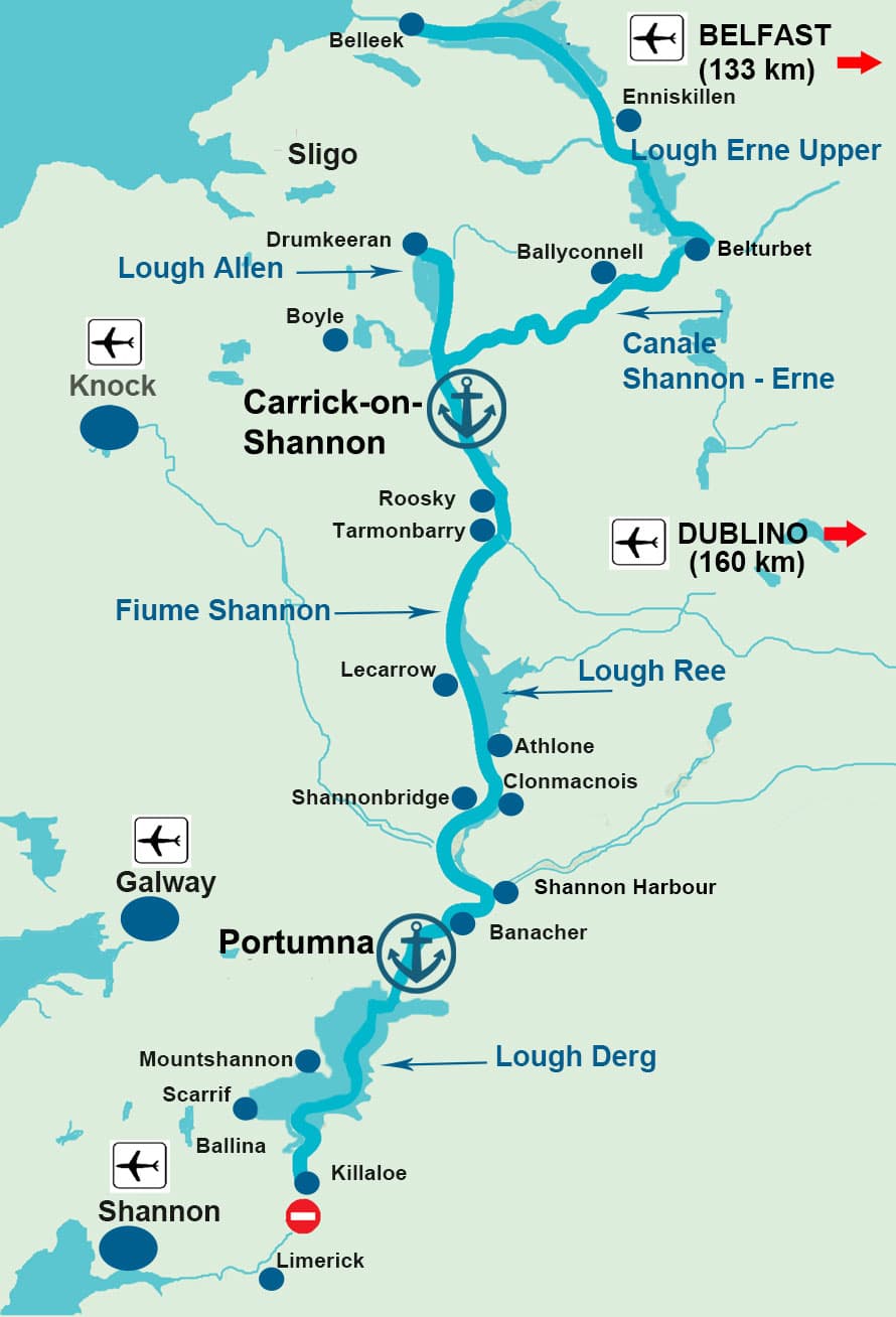 Mappa itinerari houseboat Irlanda