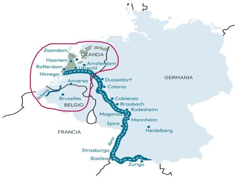 Mappa crociera fluviale sul Reno tour Olanda e Fiandre